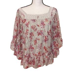 NY Collection Floral Boho Blouse Size Medium M Lace Square Neckline Flowy